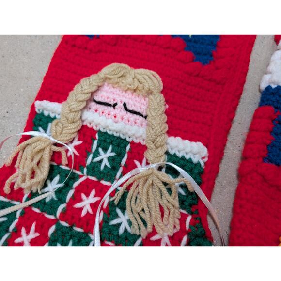 Pair of Vtg Crocheted Kitschy Christmas Stockings Handmade Sleeping Girl Appliqu - Picture 3 of 9
